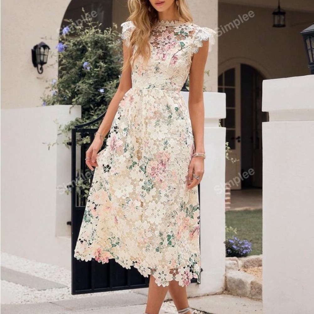 Midi length, off white floral lace dress